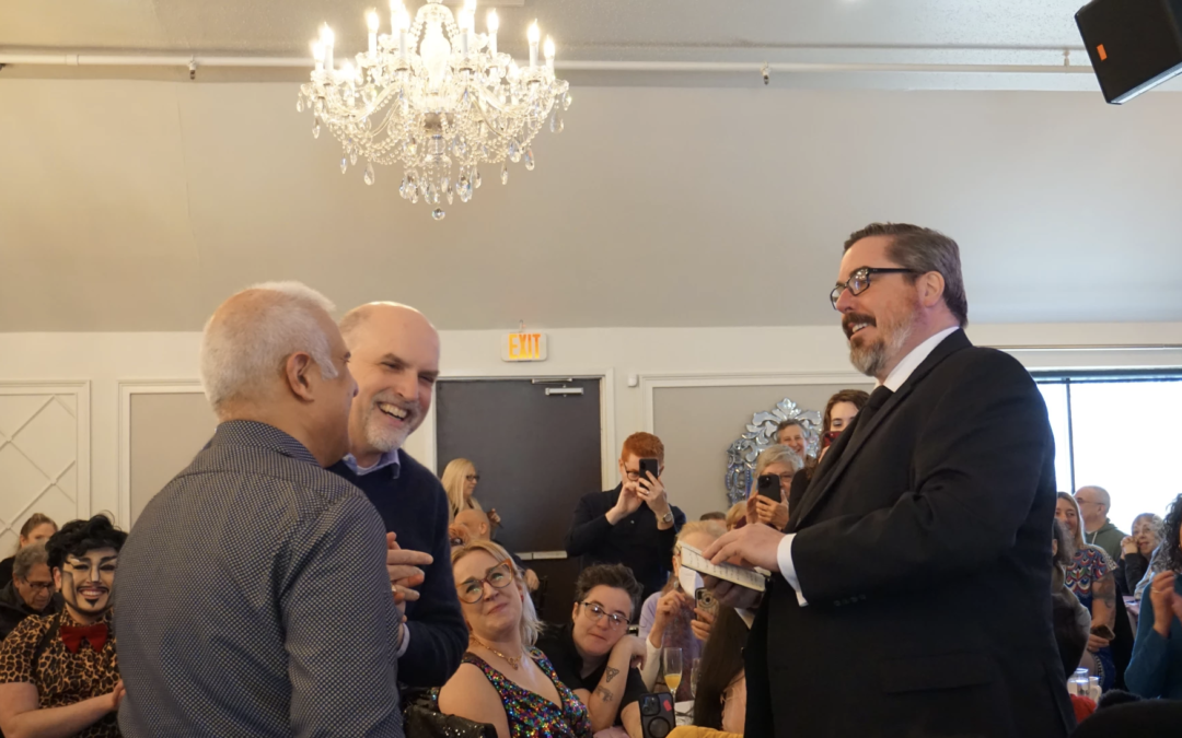 Jay Blotcher and Brook Garrett renew their vows at a drag brunch and fundraiser for the New Paltz Pride Coalition.